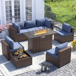 8-Piece Patio Furniture Set with Fire Pit Table- Sectional Sofas- All-Weather Wicker Patio Conversation Set- 4 Colors