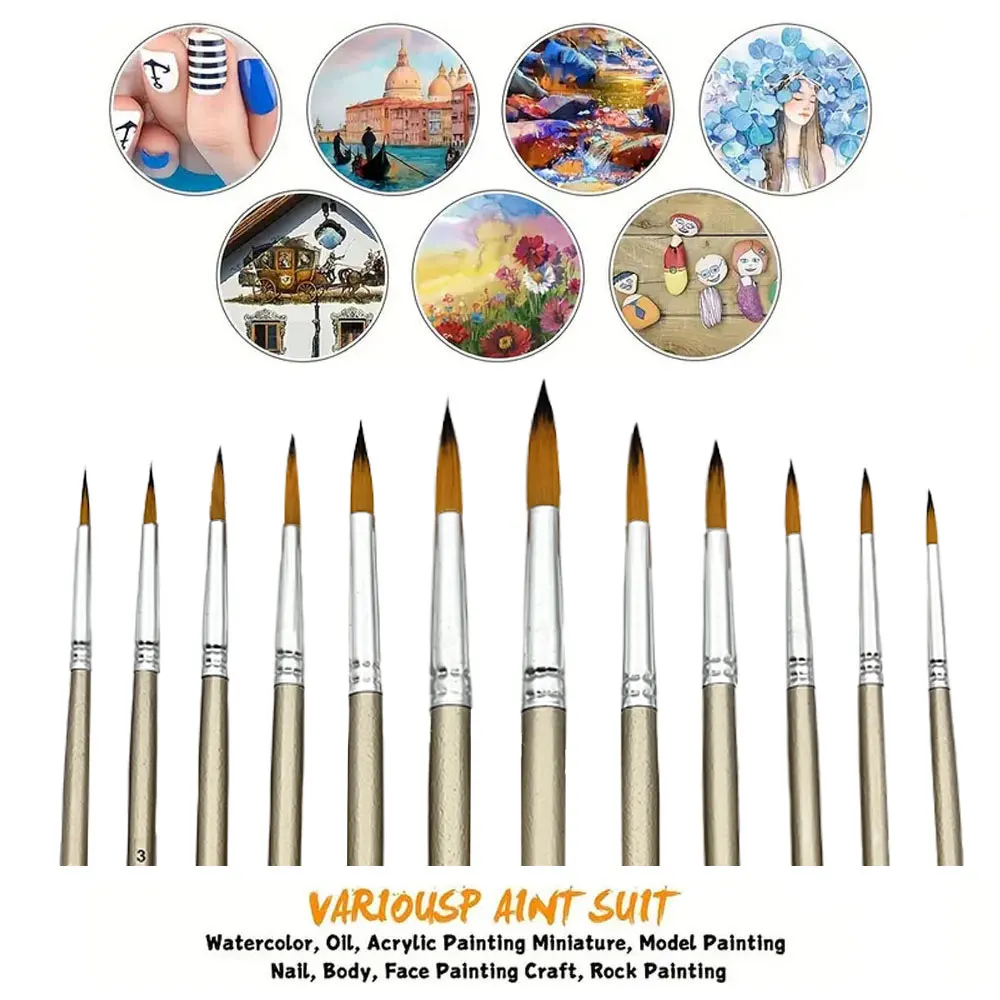 12-pcs Professional Round Artist Paint Brush Set- Soft Synthetic Nylon Hair- Pointed Tip- Acrylic and Watercolor - Image 5