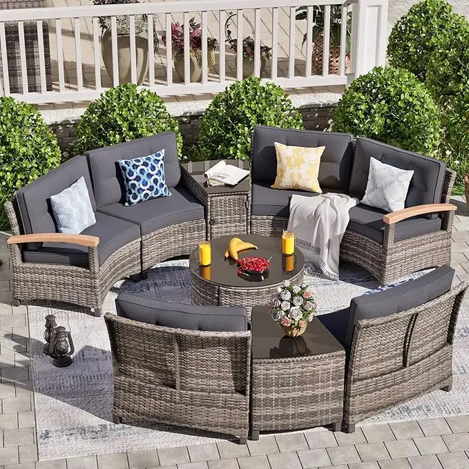 9-Piece Patio Furniture Set- Half-Moon Curved Sectional Sofa- Coffee Table- For Winter Add a Fire Pit! - Image 8