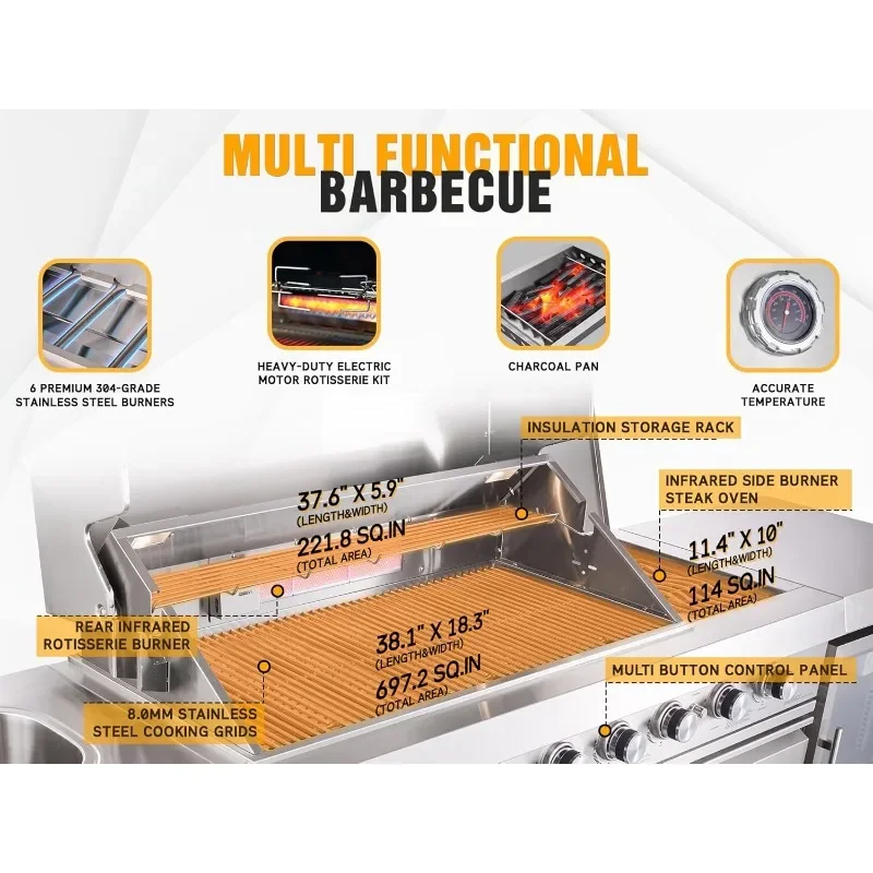 Deluxe 8-Burner Stainless Steel Propane Gas Grill- BBQ Island with Infrared Side Burner and Large Cooking Area - Image 4