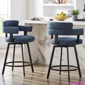 Counter Height Bar Stools with Full Back – Swivel Counter Stools- Set of 2- Linen Padded Back- Metal Footrest- Blue