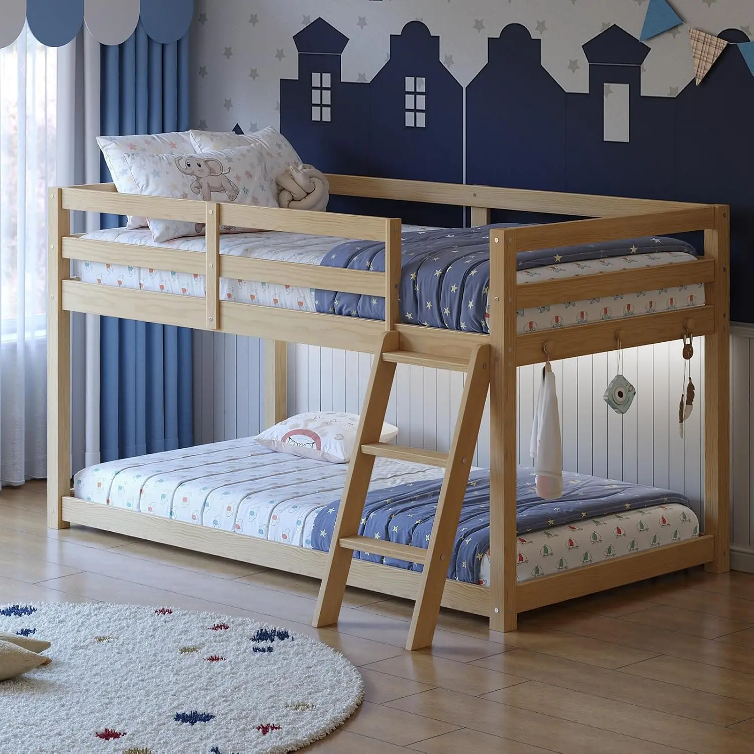 Low Bunk Bed with Guardrail and LED Light- Floor Bunk Bed- Twin-Over-Twin with Wide Stairs- Convertible- Solid Wood- Natural and White - Image 7