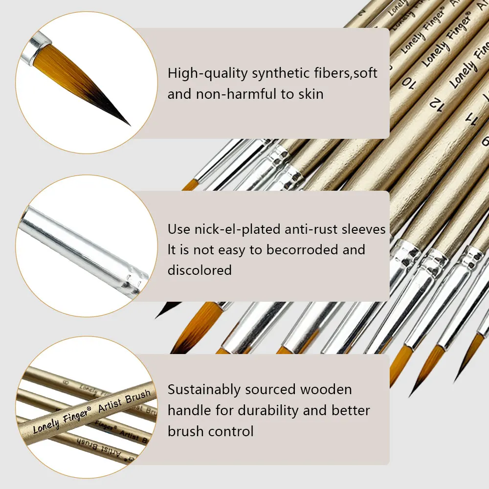12-pcs Professional Round Artist Paint Brush Set- Soft Synthetic Nylon Hair- Pointed Tip- Acrylic and Watercolor - Image 4