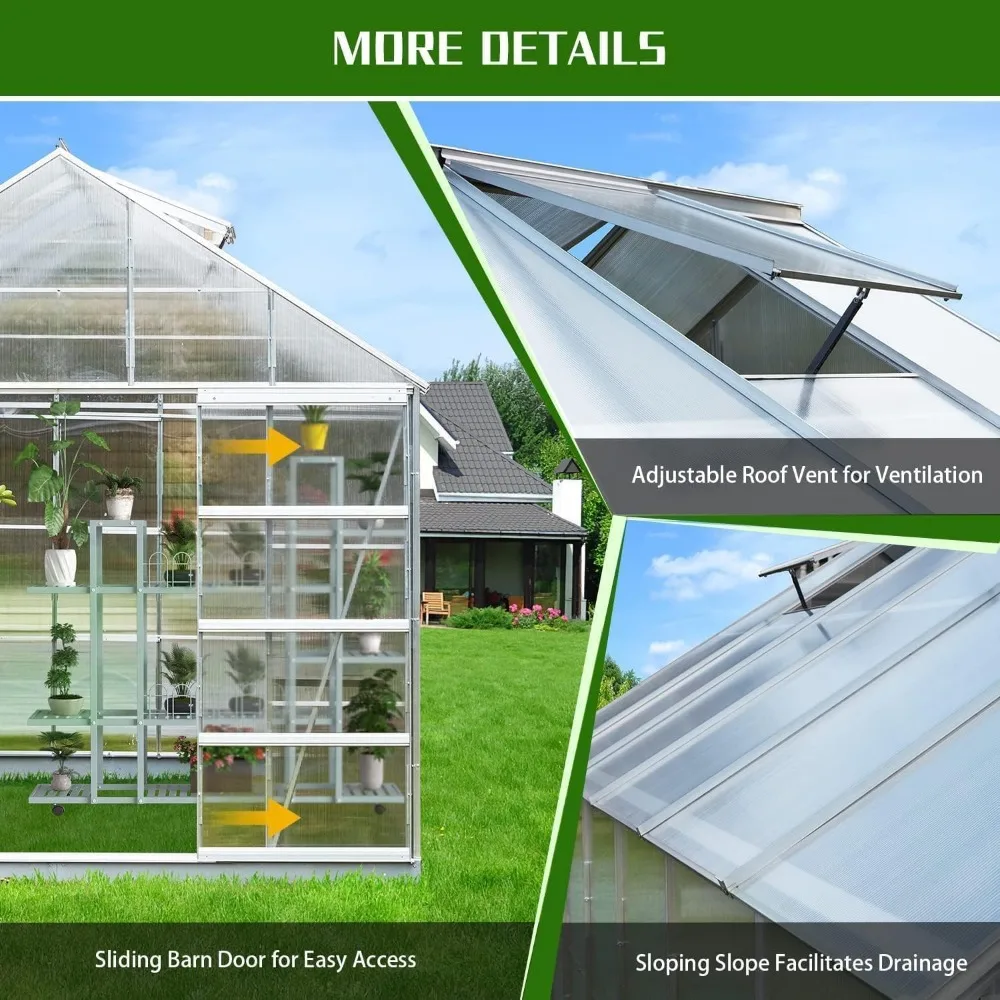 10'x 16' Aluminum and Polycarbonate Greenhouse- Adjustable Roof Vent- Sliding Door - Image 4
