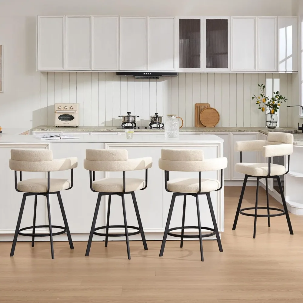 Set of 4- 26’’ Swivel Counter-Height Bar Stools- Round Back- Linen Upholstered Barstools with Round Footrest- 4 Colors