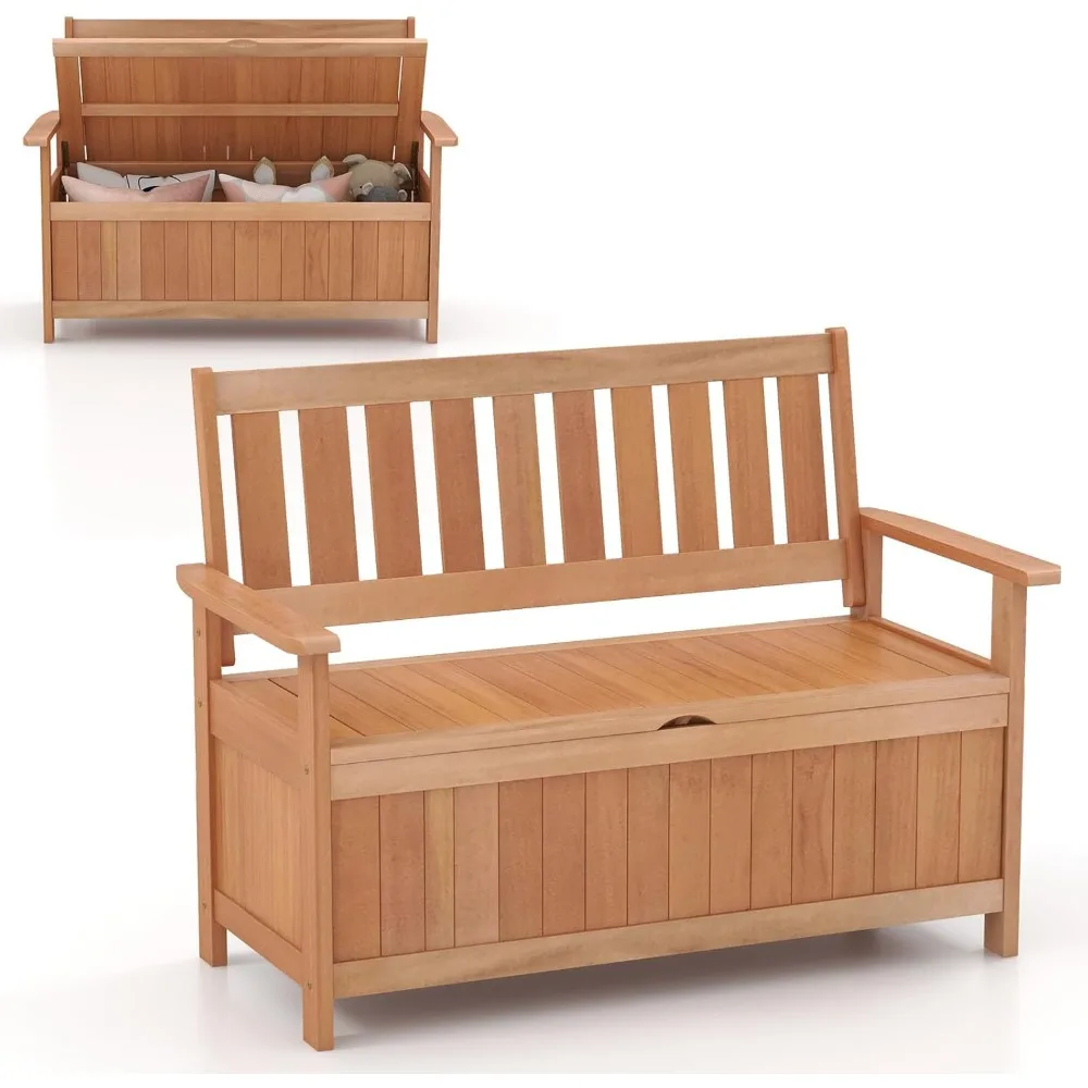 48-Inch Patio Storage Bench- Wood Storage Loveseat with 34.2 Gal Inner Space- Large Deck Box w/Slatted Backrest- Indoor Entryway