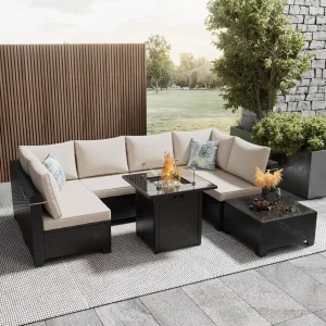 8-Pcs Patio Furniture Set with Fire Pit Table- Outdoor Wicker Furniture- Sectional Sofa- Conversation Set Perfect for Backyard- 6 Colors