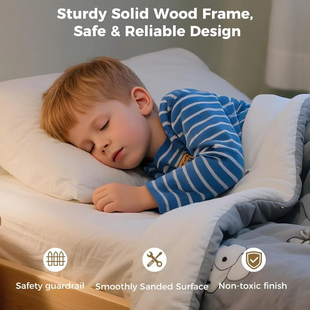 Low Bunk Bed with Guardrail and LED Light- Floor Bunk Bed- Twin-Over-Twin with Wide Stairs- Convertible- Solid Wood- Natural and White - Image 5