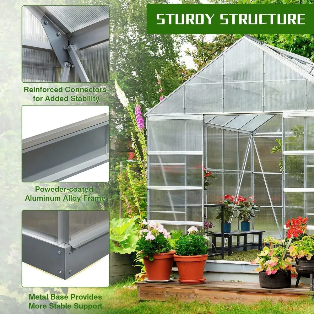 10'x 16' Aluminum and Polycarbonate Greenhouse- Adjustable Roof Vent- Sliding Door - Image 5