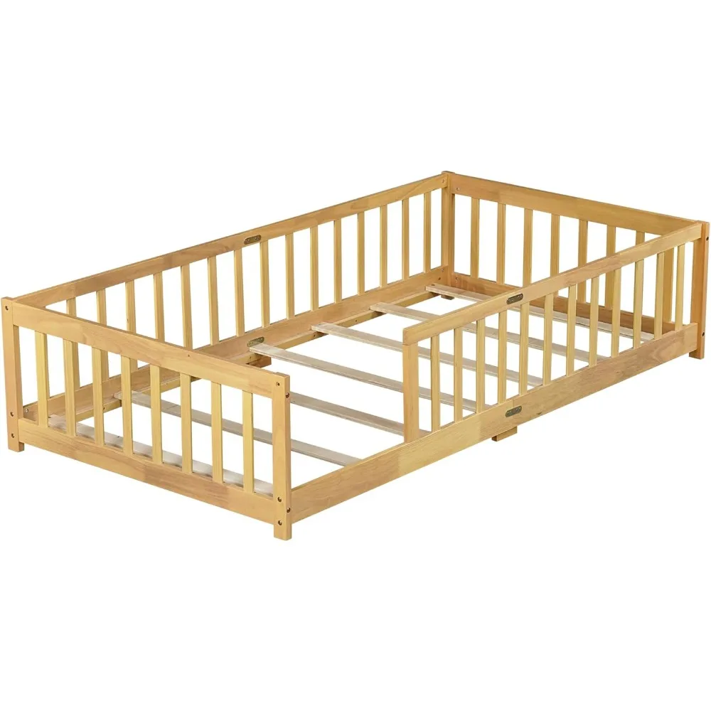 Twin-size Montessori Floor Bed- Wood Slats- for Girls and Boys- Wood Bed Frame with Safety Guardrails - Image 3