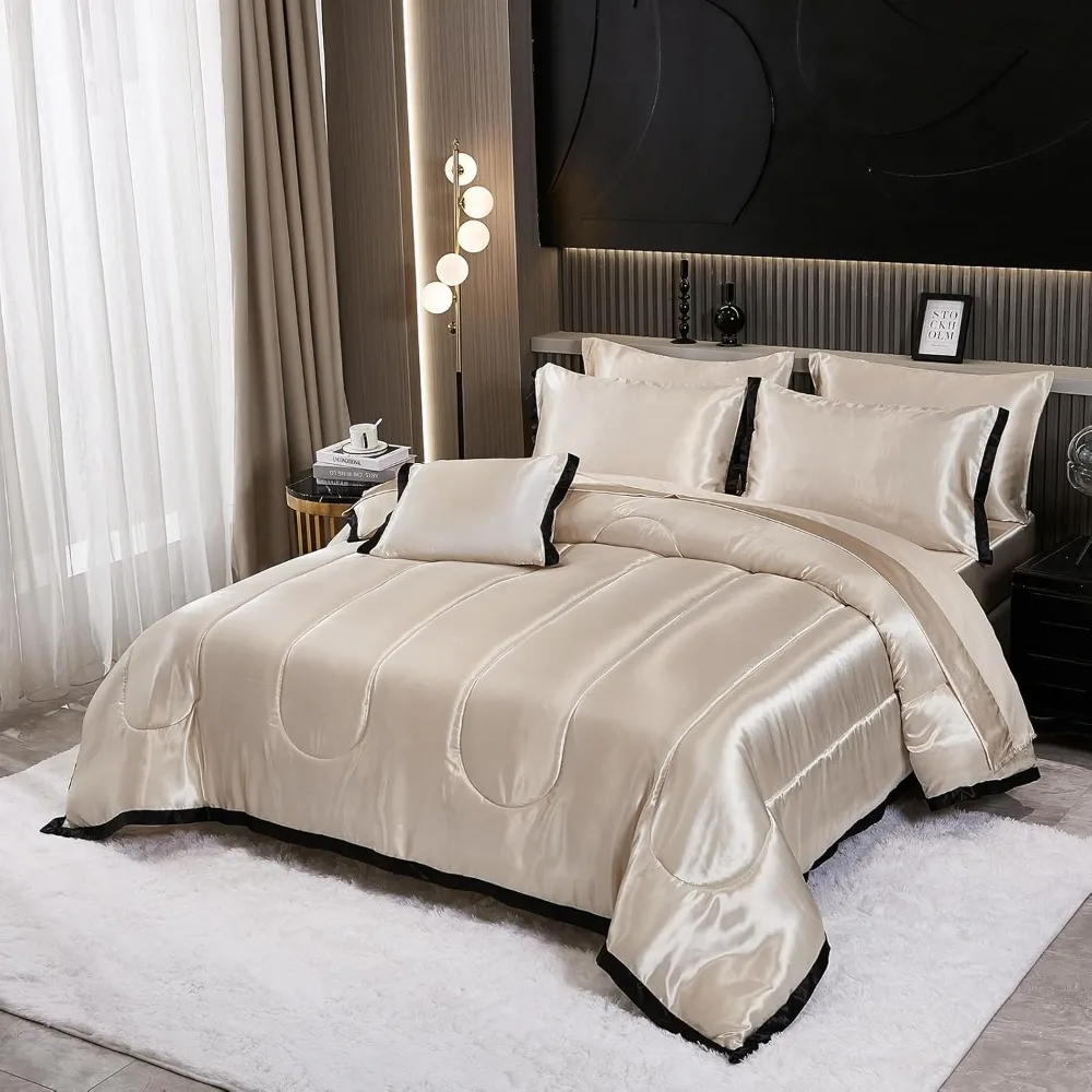 8-Piece- Satin King Comforter Set- Silk-like Beige Bedding- Luxury Hotel Silky Bed Set - Image 2
