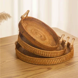1PC Woven Rattan Storage Basket- Strap Handle- Tray for Bread, Snacks, etc.- Home Organization Basket