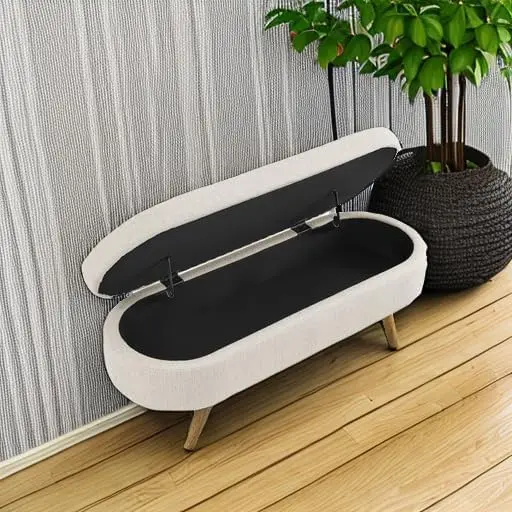 Oval Storage Bench- 43.5" Linen Fabric Upholstered- Solid Wood Legs- Entryway Bench- End-of-Bed Storage Bench - Image 5