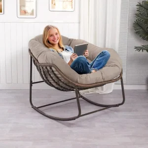 Patio Papasan Rocking Chair- Cushion- Rattan Wicker Egg Chairs- Indoor or Outdoor- Ergonomic High Back Design