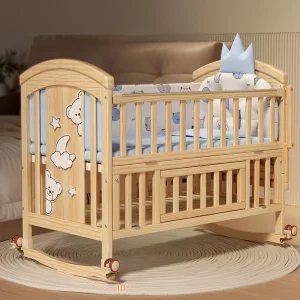 Wood Baby Crib with Diaper Table- Newborn Baby Bed- Multi-functional Baby Rocking Bed- Wheels and Mosquito Net