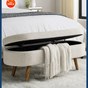 Oval Storage Bench- 43.5" Linen Fabric Upholstered- Solid Wood Legs- Entryway Bench- End-of-Bed Storage Bench