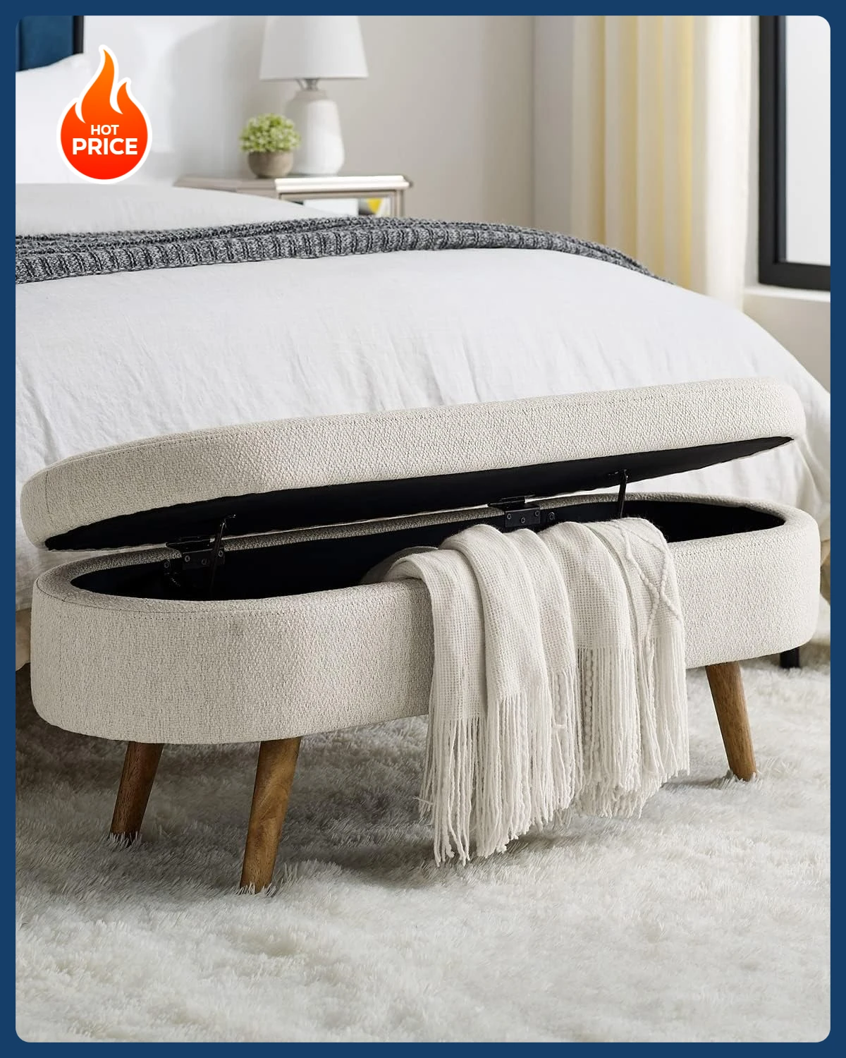 Oval Storage Bench- 43.5" Linen Fabric Upholstered- Solid Wood Legs- Entryway Bench- End-of-Bed Storage Bench