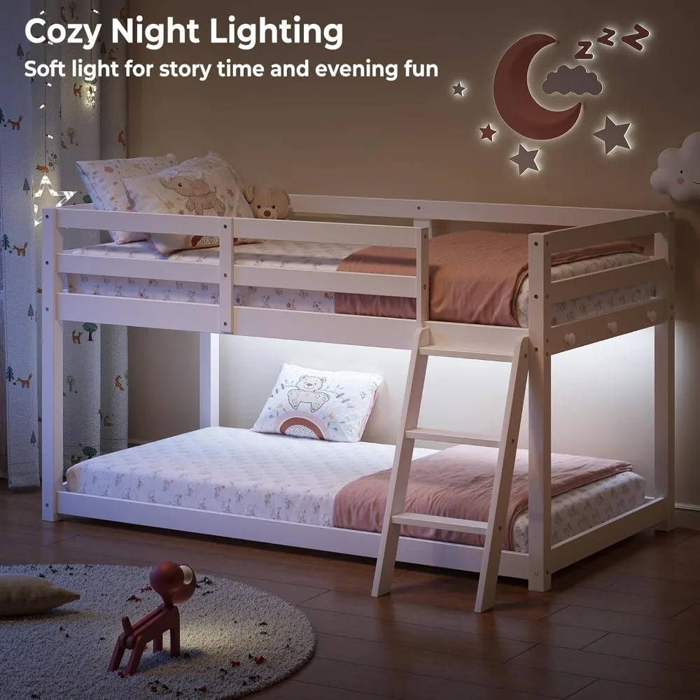 Low Bunk Bed with Guardrail and LED Light- Floor Bunk Bed- Twin-Over-Twin with Wide Stairs- Convertible- Solid Wood- Natural and White - Image 4