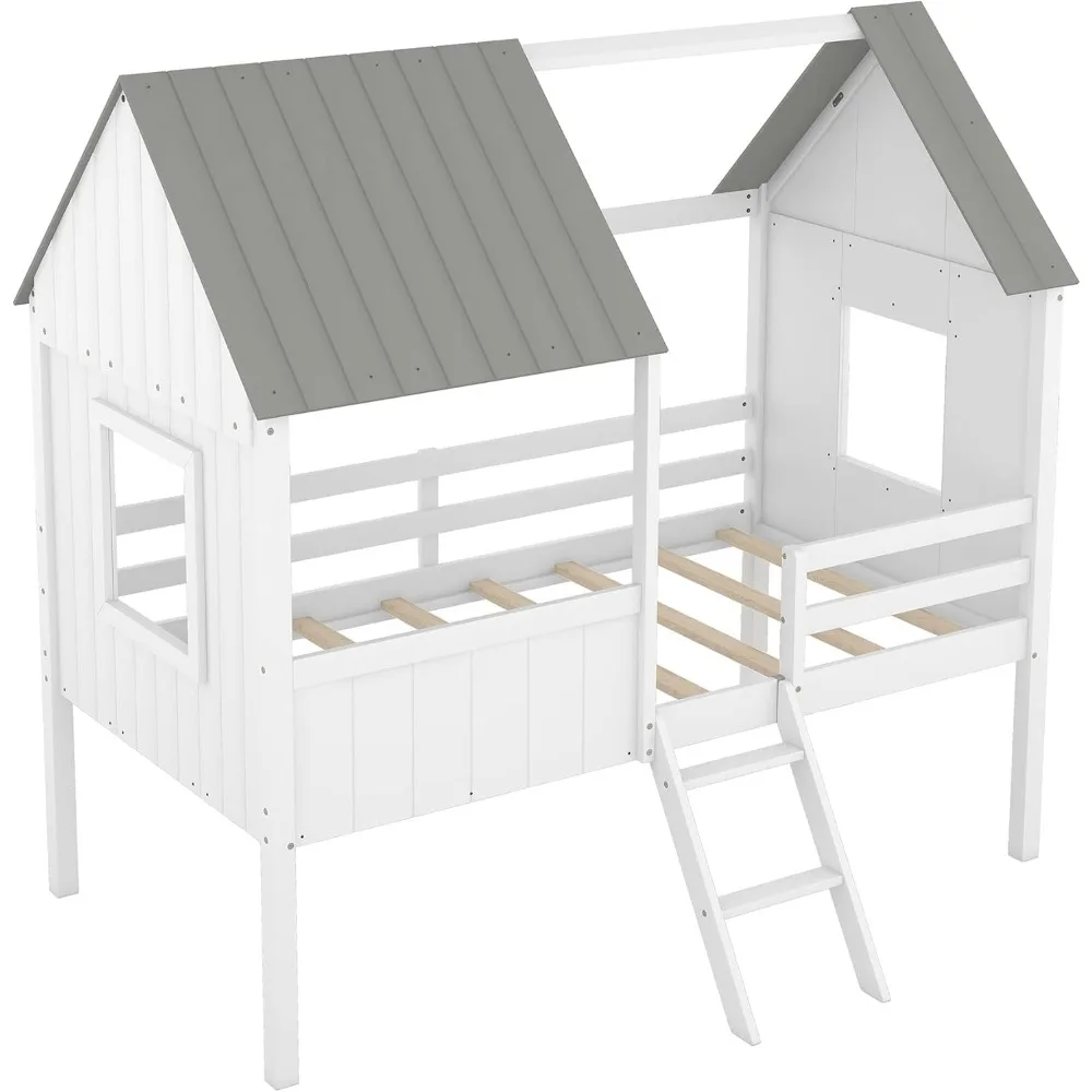 Twin House Bed for Kids- Wood Low-loft Bed Frame with Windows and Roof- Easy Assembly, for Girls/ Boys- 4 Colors - Image 4