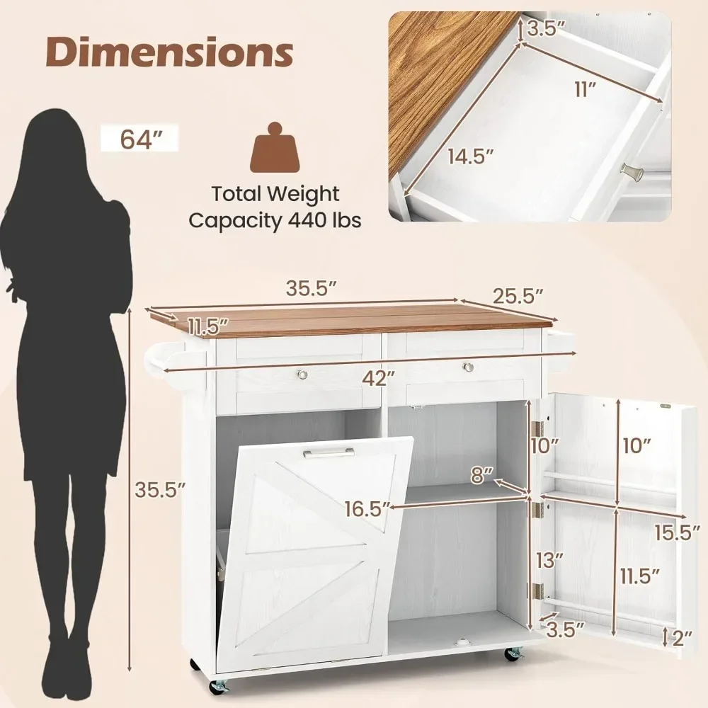 Rolling Kitchen Island- Trash Can Storage Cabinet- Drop-Leaf Breakfast Bar Table- Towel Holder- 2 Drawers and Door Racks - Image 2