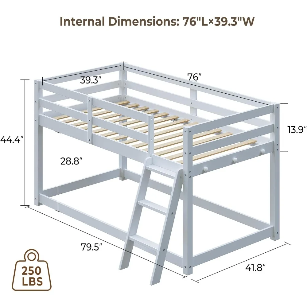 Low Bunk Bed with Guardrail and LED Light- Floor Bunk Bed- Twin-Over-Twin with Wide Stairs- Convertible- Solid Wood- Natural and White - Image 2