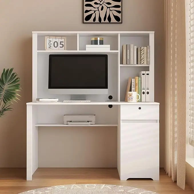 Computer Desk with Charging Station- Home Office Desk with Bookshelf and Drawer- Study Table- Storage and Lock, - Image 7