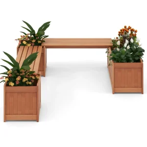 3-in-1 Outdoor Bench with Large Raised Beds and 2 Planter Boxes- Wood Raised Garden Bed with Open Base- Weather-Resistant