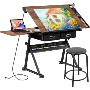 Adjustable Drafting Table with Stool- Tilting- Artist Table with Storage Drawers- Art/ Craft Workstation- Diamond Painting