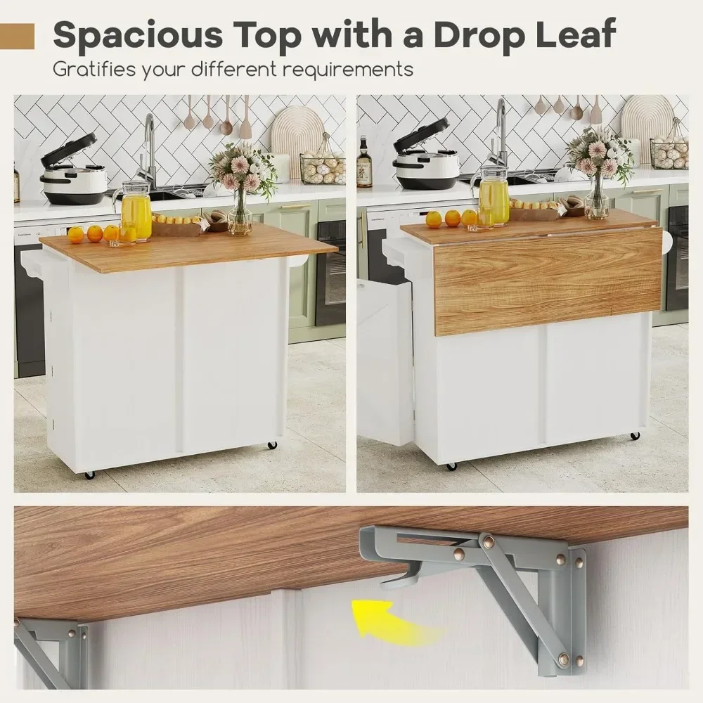 Rolling Kitchen Island- Trash Can Storage Cabinet- Drop-Leaf Breakfast Bar Table- Towel Holder- 2 Drawers and Door Racks - Image 4