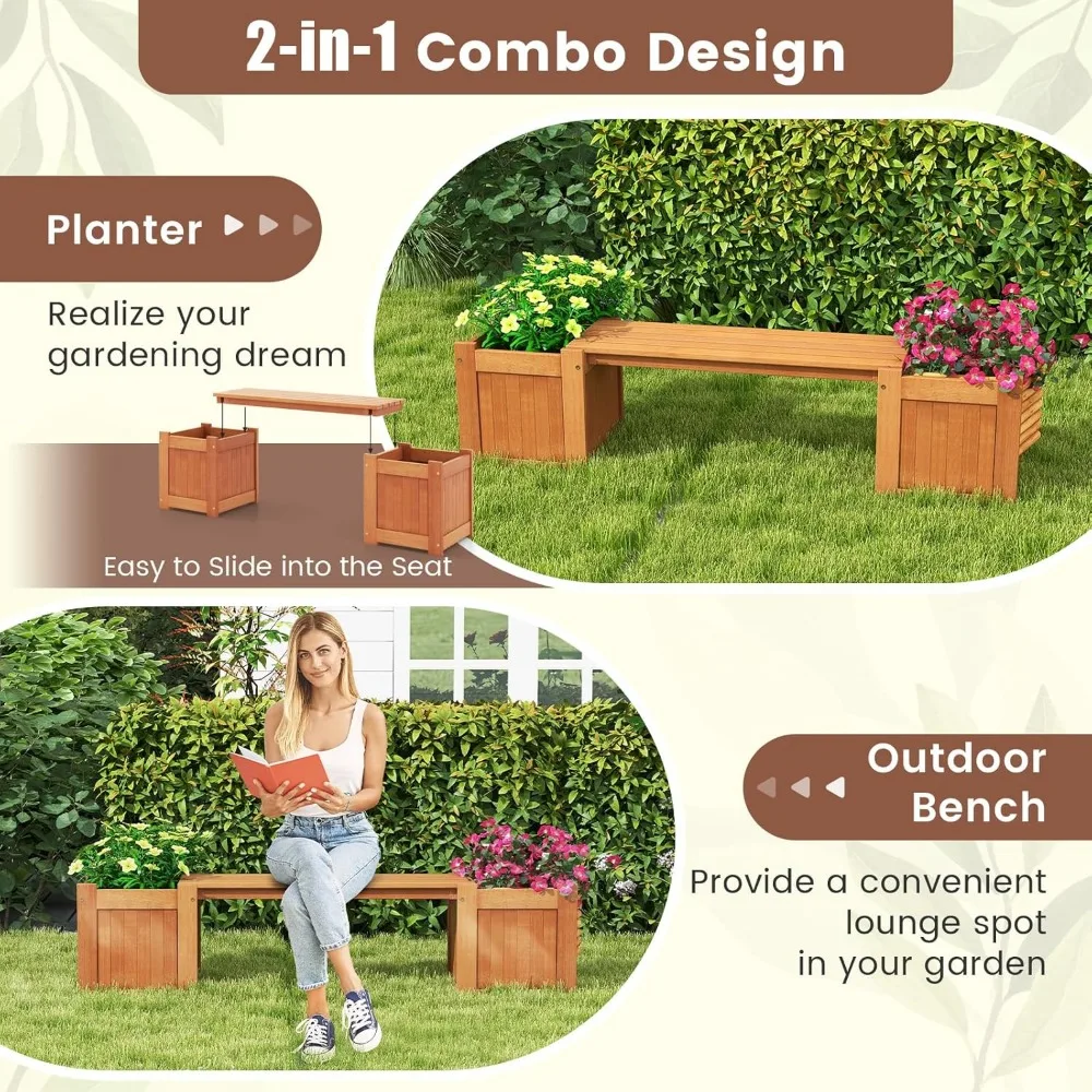 3-in-1 Outdoor Bench with Large Raised Beds and 2 Planter Boxes- Wood Raised Garden Bed with Open Base- Weather-Resistant - Image 5