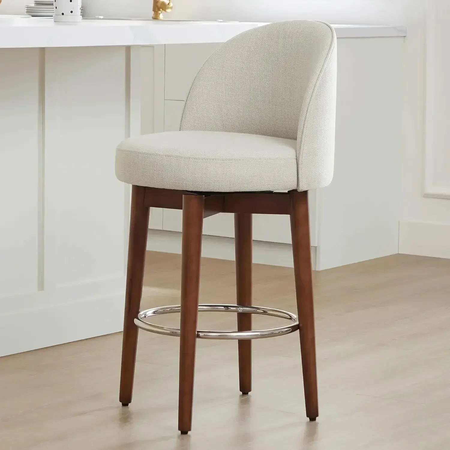 Set of 2 Counter-Height Bar Stools- FSC Certified Swivel Barstools for Kitchen Island- 26.4" H Seat Height- Linen Fabric