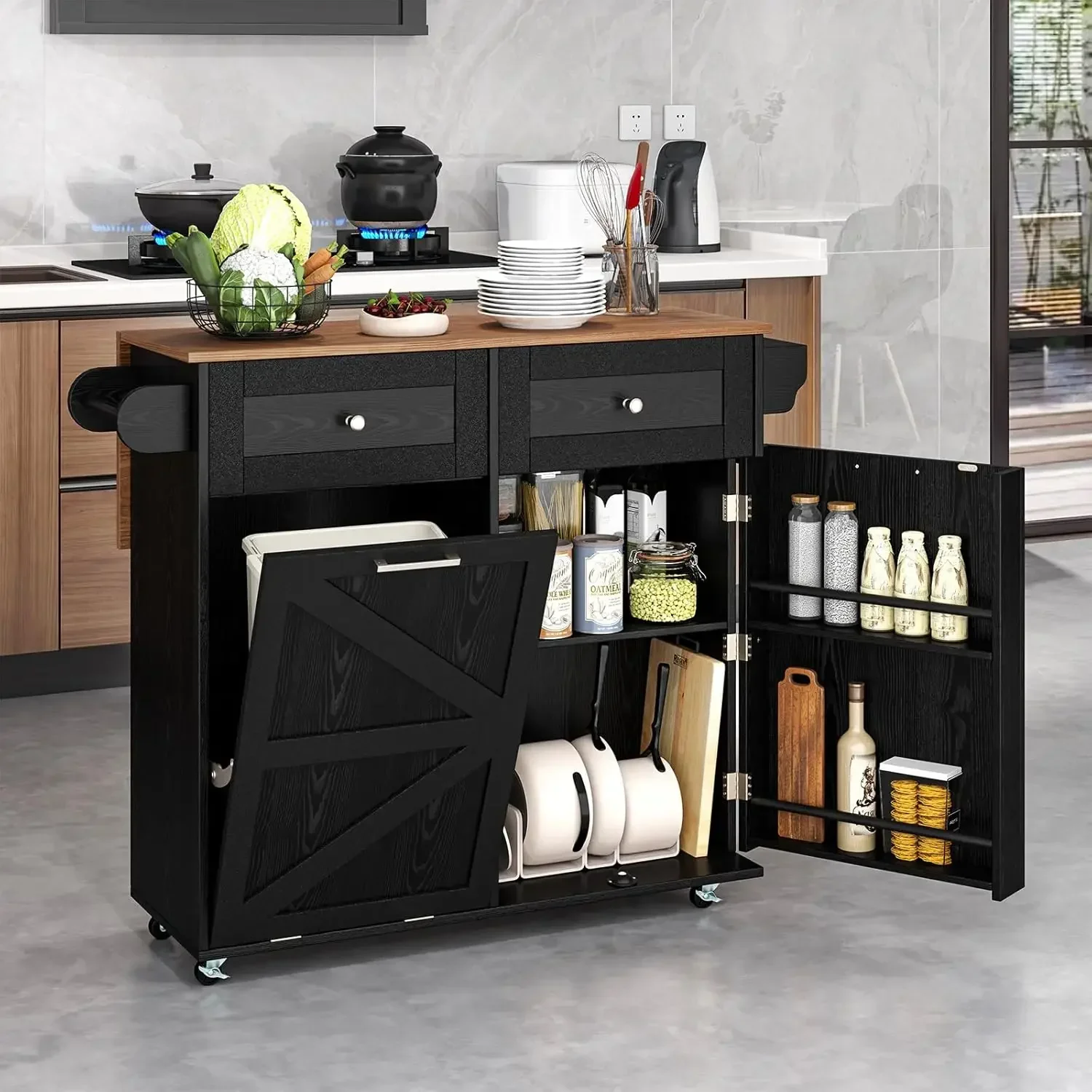 Rolling Kitchen Island- Trash Can Storage Cabinet- Drop-Leaf Breakfast Bar Table- Towel Holder- 2 Drawers and Door Racks - Image 8