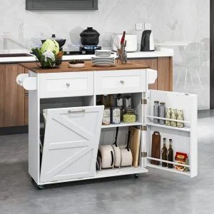 Rolling Kitchen Island- Trash Can Storage Cabinet- Drop-Leaf Breakfast Bar Table- Towel Holder- 2 Drawers and Door Racks
