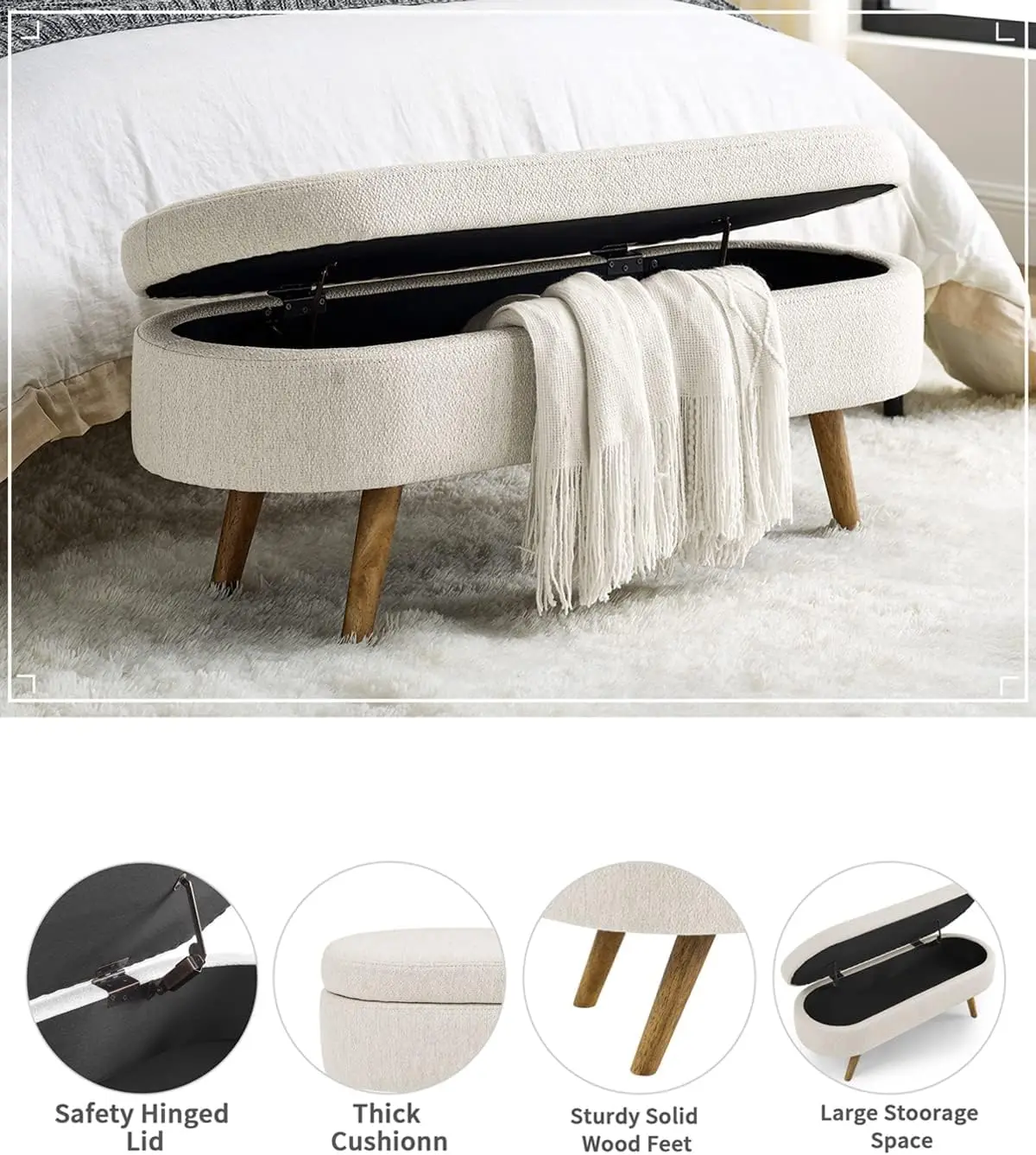 Oval Storage Bench- 43.5" Linen Fabric Upholstered- Solid Wood Legs- Entryway Bench- End-of-Bed Storage Bench - Image 4