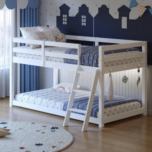 Low Bunk Bed with Guardrail and LED Light- Floor Bunk Bed- Twin-Over-Twin with Wide Stairs- Convertible- Solid Wood- Natural and White