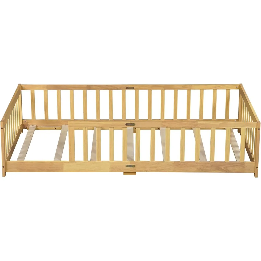 Twin-size Montessori Floor Bed- Wood Slats- for Girls and Boys- Wood Bed Frame with Safety Guardrails - Image 4