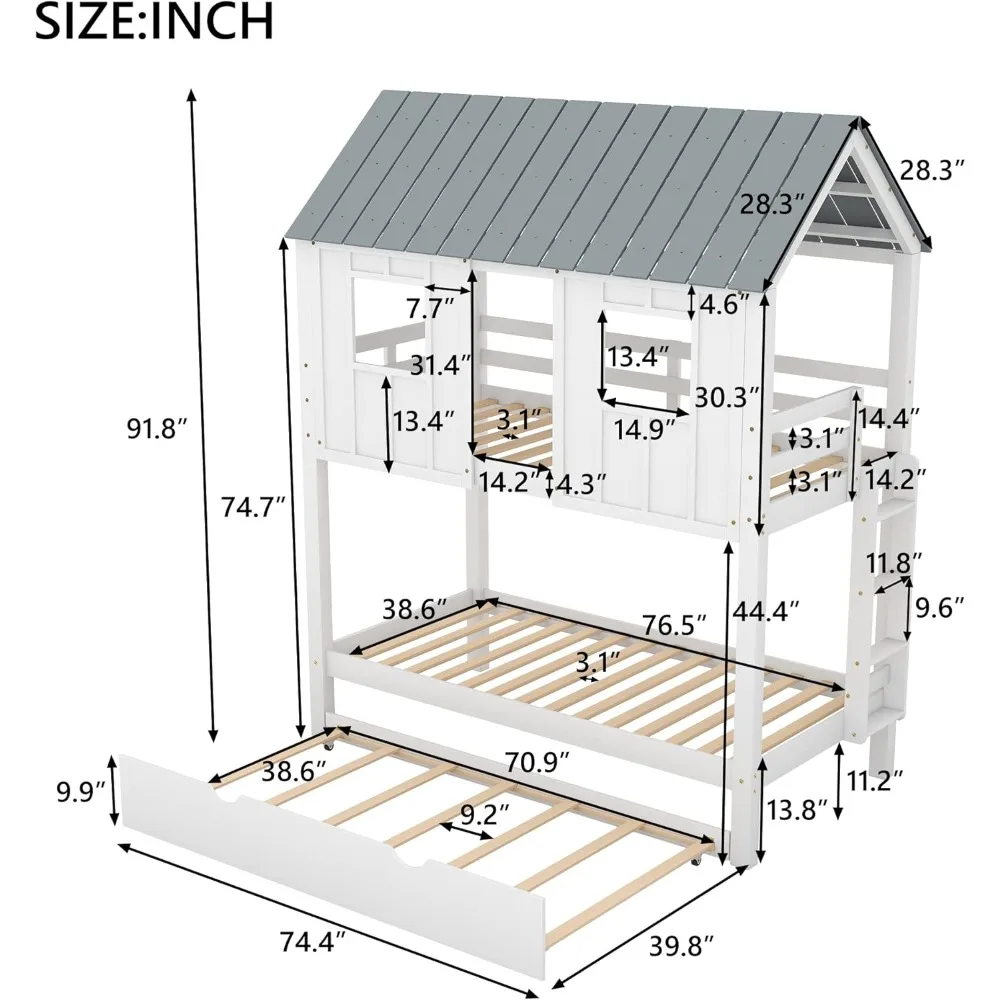 House Bunk Bed for Kids- Twin-Over-Twin Bunk Bed with Trundle- Kids Playhouse Bunk Beds for Girls & Boys- No Box Spring Needed - Image 2