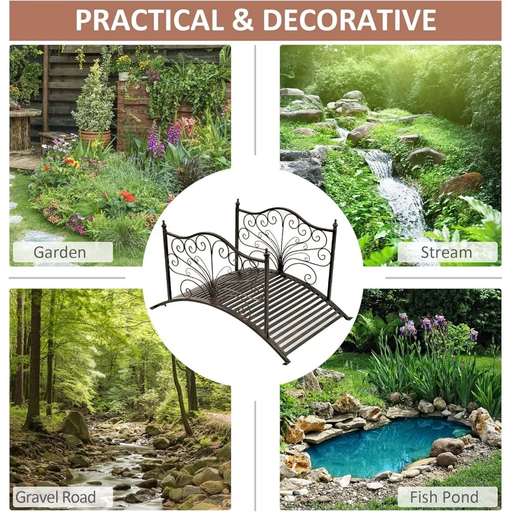 4-FT Metal Garden Bridge- Side Rails- Arch Footbridge with Scrollwork- 440 lbs Capacity- Easy Assembly- Yard, Lawn, Garden - Image 6