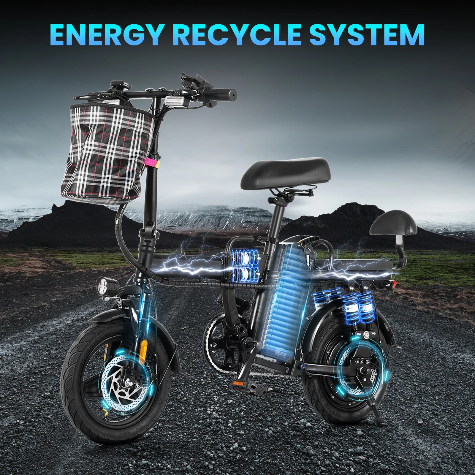 2-Seater Electric Bike- 500W 14" Mini Folding Ebike- 48V 15AH Removable Battery- Long Range, 50 Miles- 20 MPH - Image 2