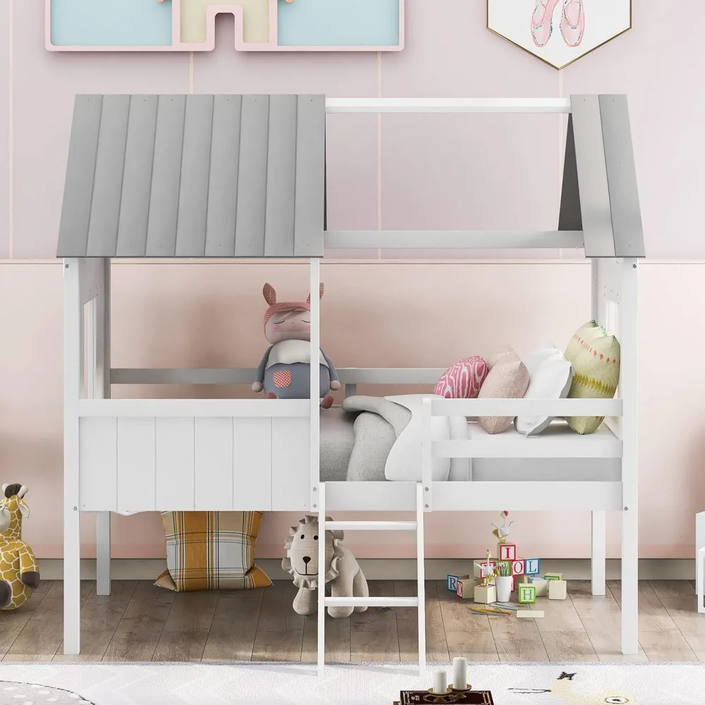 Twin House Bed for Kids- Wood Low-loft Bed Frame with Windows and Roof- Easy Assembly, for Girls/ Boys- 4 Colors - Image 3