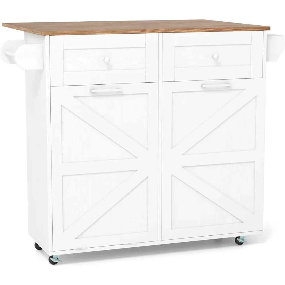 Rolling Kitchen Island- Trash Can Storage Cabinet- Drop-Leaf Breakfast Bar Table- Towel Holder- 2 Drawers and Door Racks - Image 6