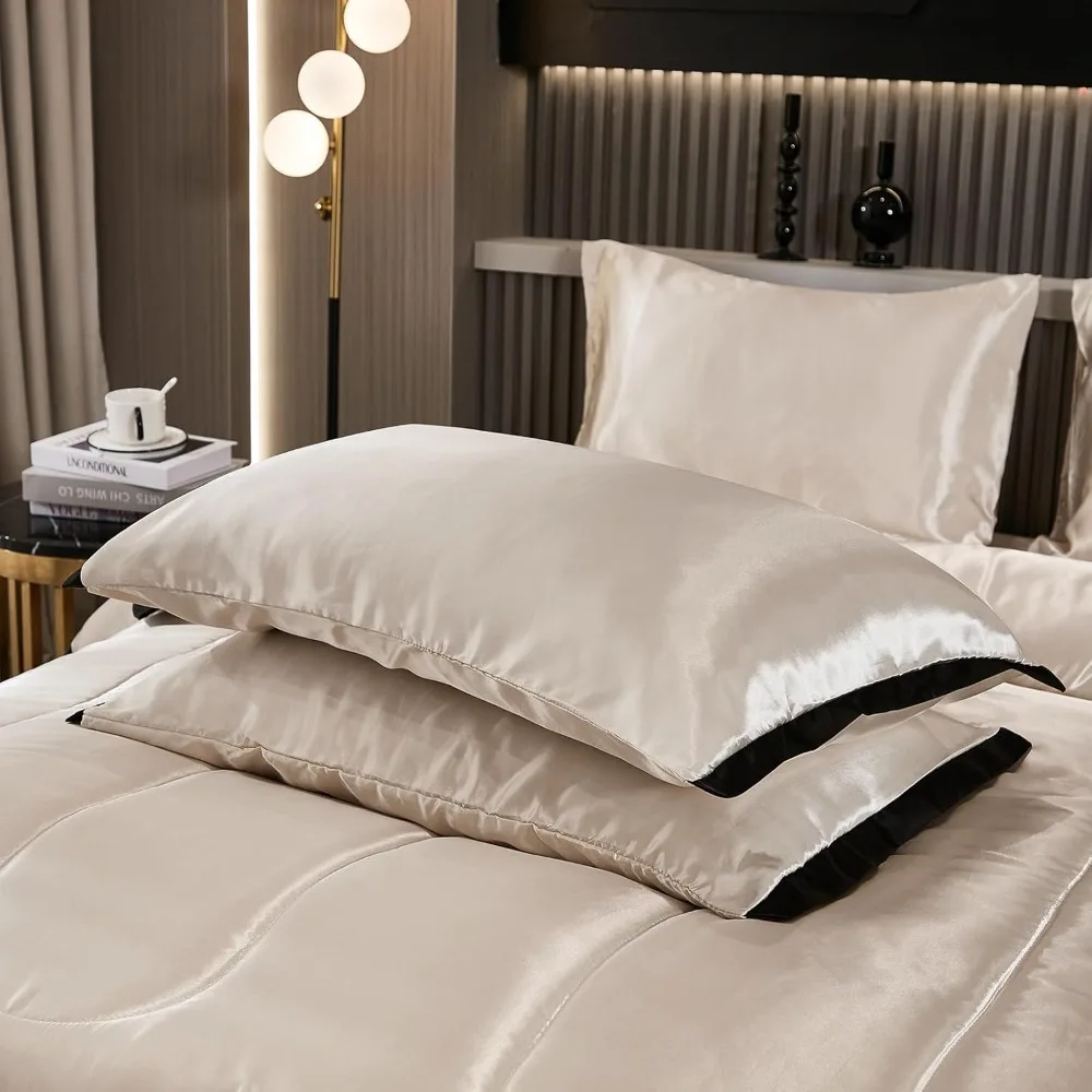8-Piece- Satin King Comforter Set- Silk-like Beige Bedding- Luxury Hotel Silky Bed Set - Image 5