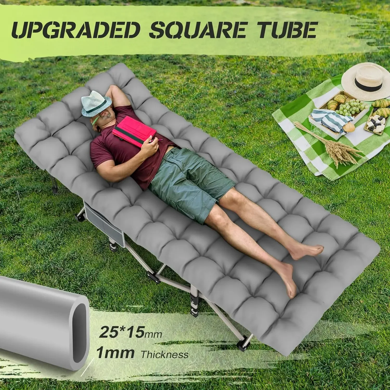 XXL Camping Bed/Camping Cots For Adults- Portable & Foldable- 4" Cozy Mattress- Easy-to-Carry Outdoor Daybed- Forest Green