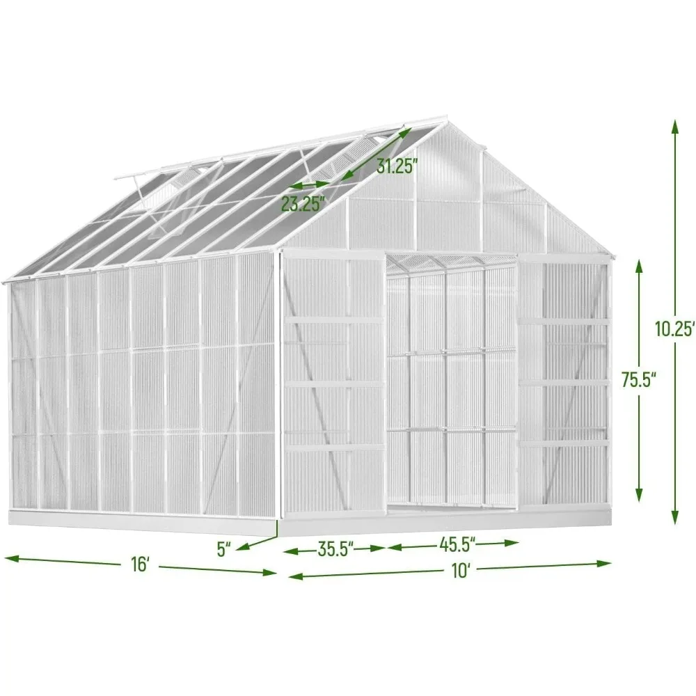 10'x 16' Aluminum and Polycarbonate Greenhouse- Adjustable Roof Vent- Sliding Door - Image 3