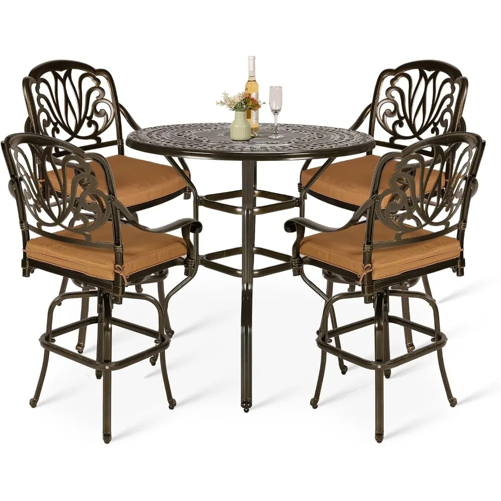 5-Piece Patio Set- Swivel Bar Stools- All-Weather, Cast Aluminum- Bar Height Bistro Set with 4 Cushioned Chairs- 3 Different Set Styles