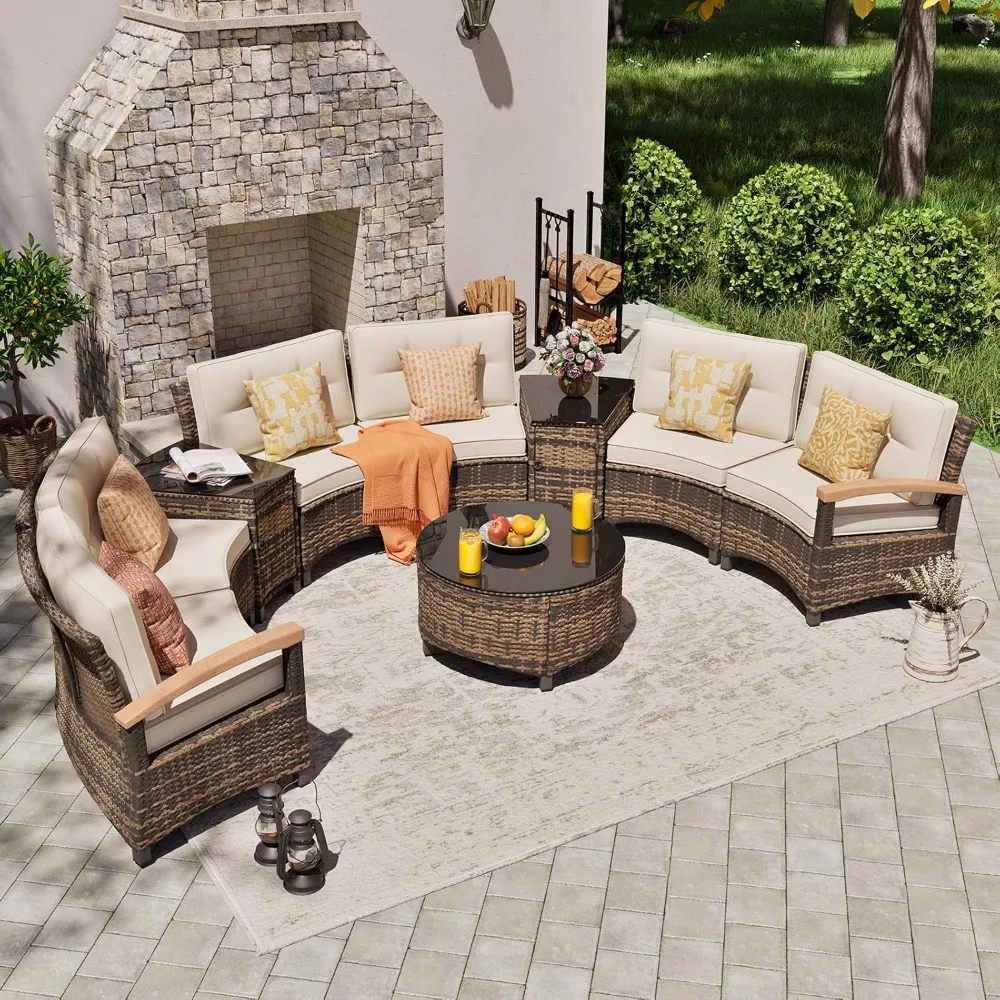 9-Piece Patio Furniture Set- Half-Moon Curved Sectional Sofa- Coffee Table- For Winter Add a Fire Pit! - Image 2