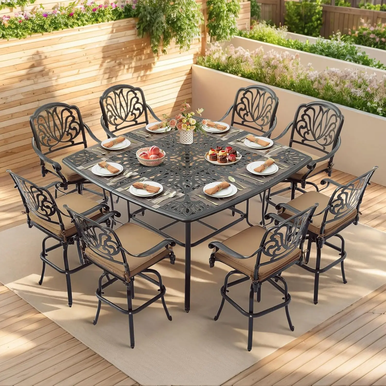 5-Piece Patio Set- Swivel Bar Stools- All-Weather, Cast Aluminum- Bar Height Bistro Set with 4 Cushioned Chairs- 3 Different Set Styles - Image 9