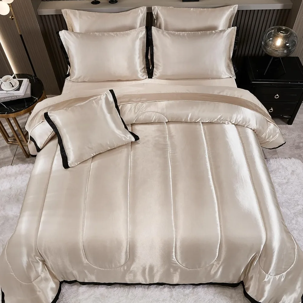8-Piece- Satin King Comforter Set- Silk-like Beige Bedding- Luxury Hotel Silky Bed Set - Image 3