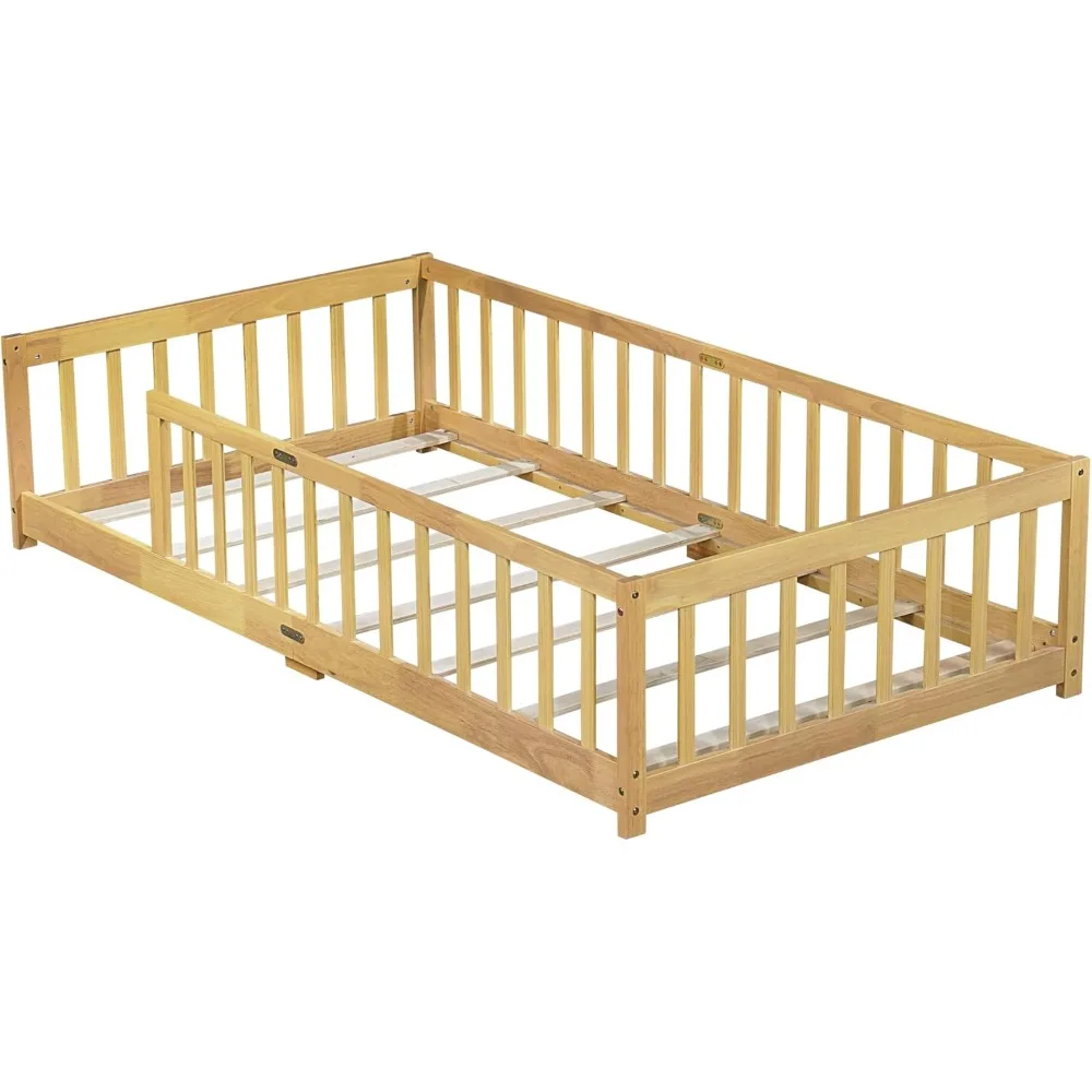 Twin-size Montessori Floor Bed- Wood Slats- for Girls and Boys- Wood Bed Frame with Safety Guardrails - Image 5