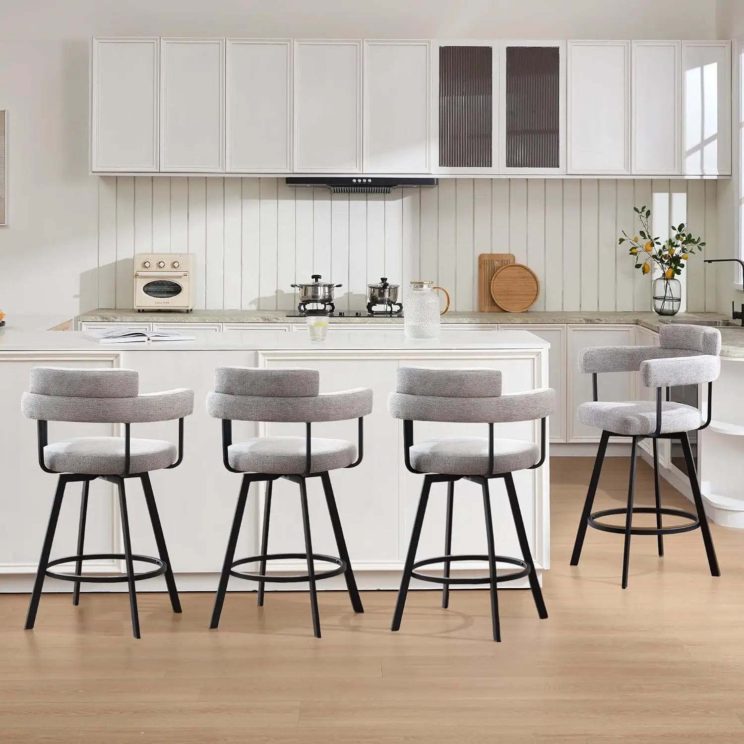 Set of 4- 26’’ Swivel Counter-Height Bar Stools- Round Back- Linen Upholstered Barstools with Round Footrest- 4 Colors - Image 8